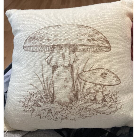 Mushrooms and Tan Check 8” Cottage Accent Pillow. #6 - Picture 1 of 4